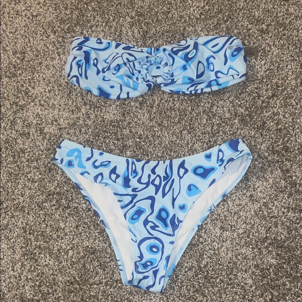 Blue Abstract Print Bandeau Bikini Set